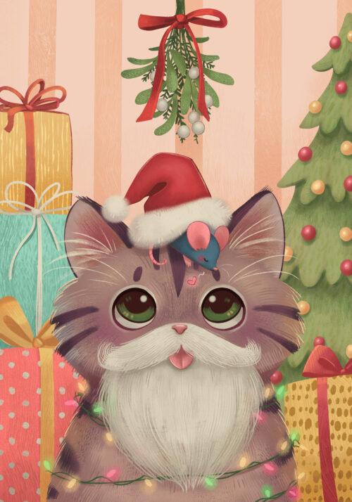 Santa Cat with a Mouse Under Mistletoe