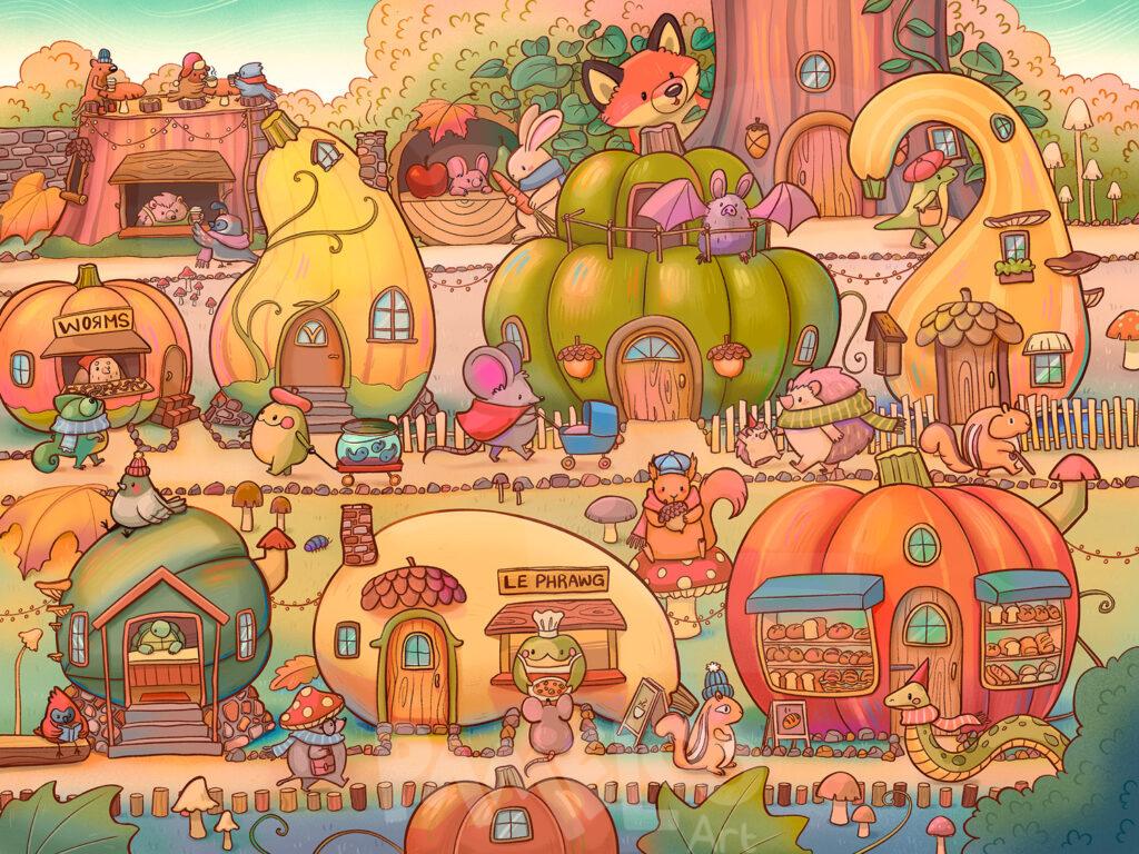 Autumn Animal Neighborhood with squash houses and woodland animals scurrying about town.