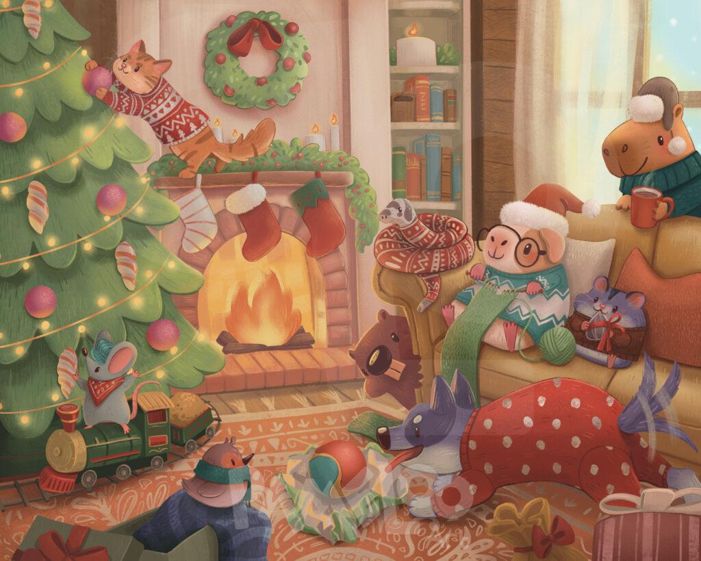 Cozy hearth is a holiday morning illustration featuring animals around a fireplace on Christmas