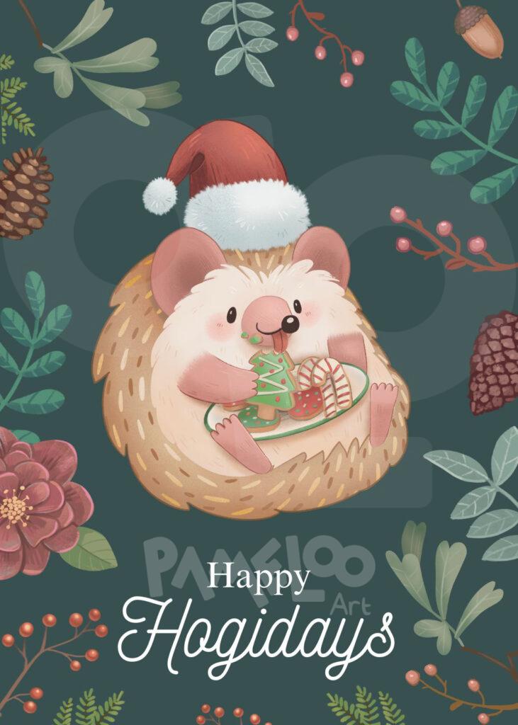 Holiday card with a jolly hedgehog in a santa hat eating Christmas cookies. Text reads: Happy Hogidays